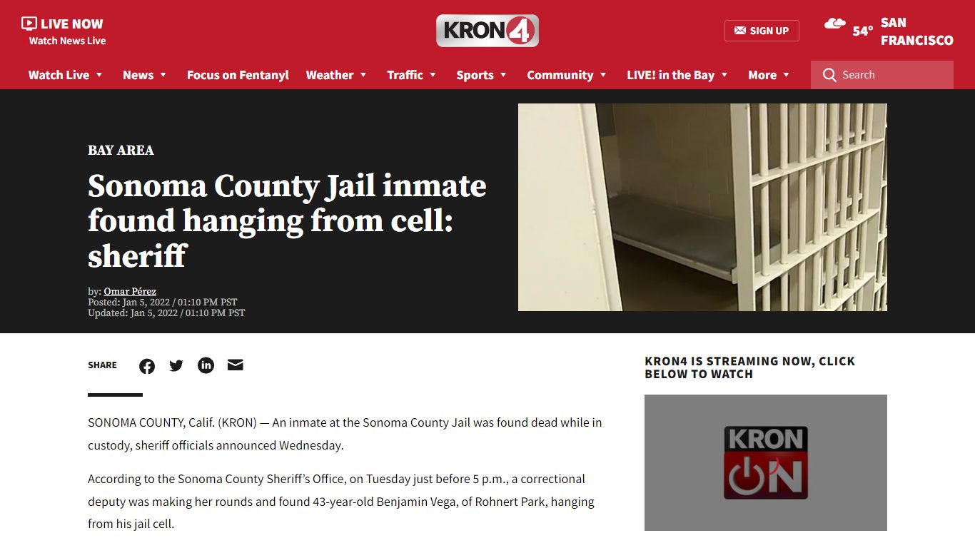 Sonoma County Jail inmate found hanging from cell: sheriff